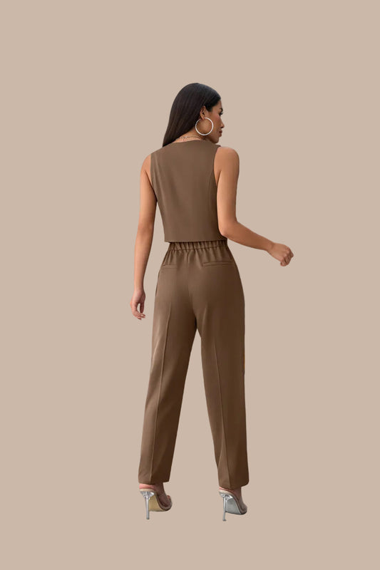Women’s Coffee Sleeveless Pleated Jumpsuit