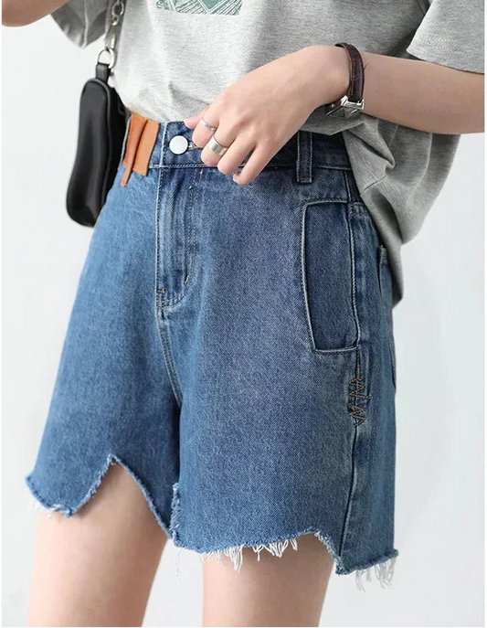 High-Waisted Retro Denim Shorts Irregular Cut Blue Jeans