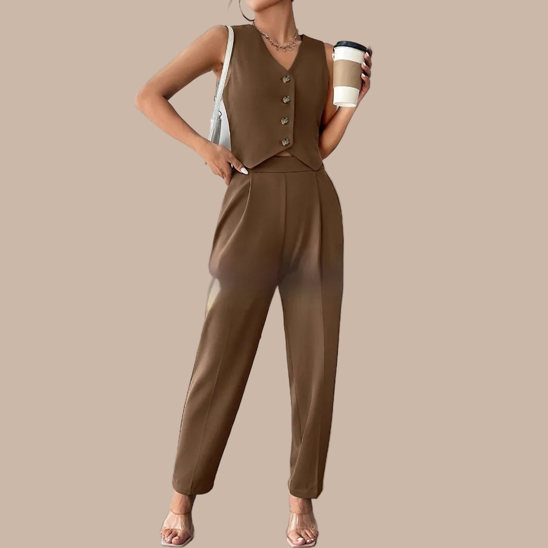 Women’s Coffee Sleeveless Pleated Jumpsuit