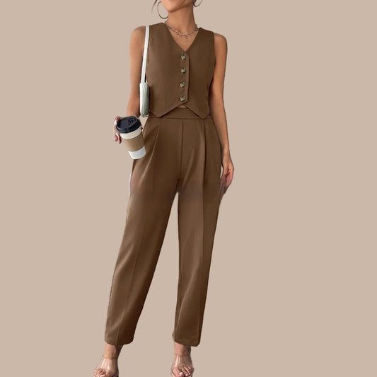 Women’s Coffee Sleeveless Pleated Jumpsuit