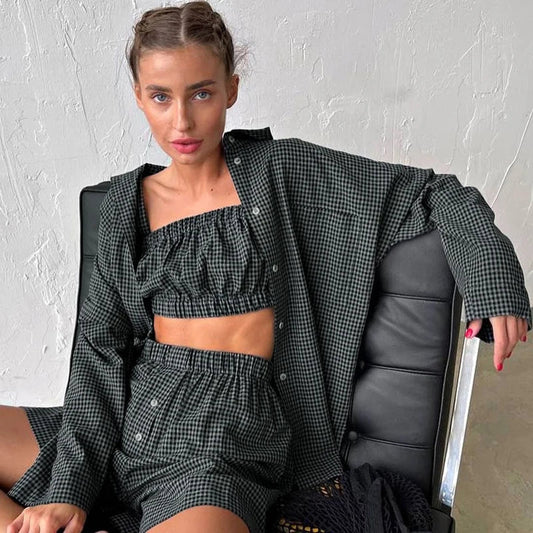 3-Piece Gray Plaid Cotton Lounge Set Loose Summer Outfit