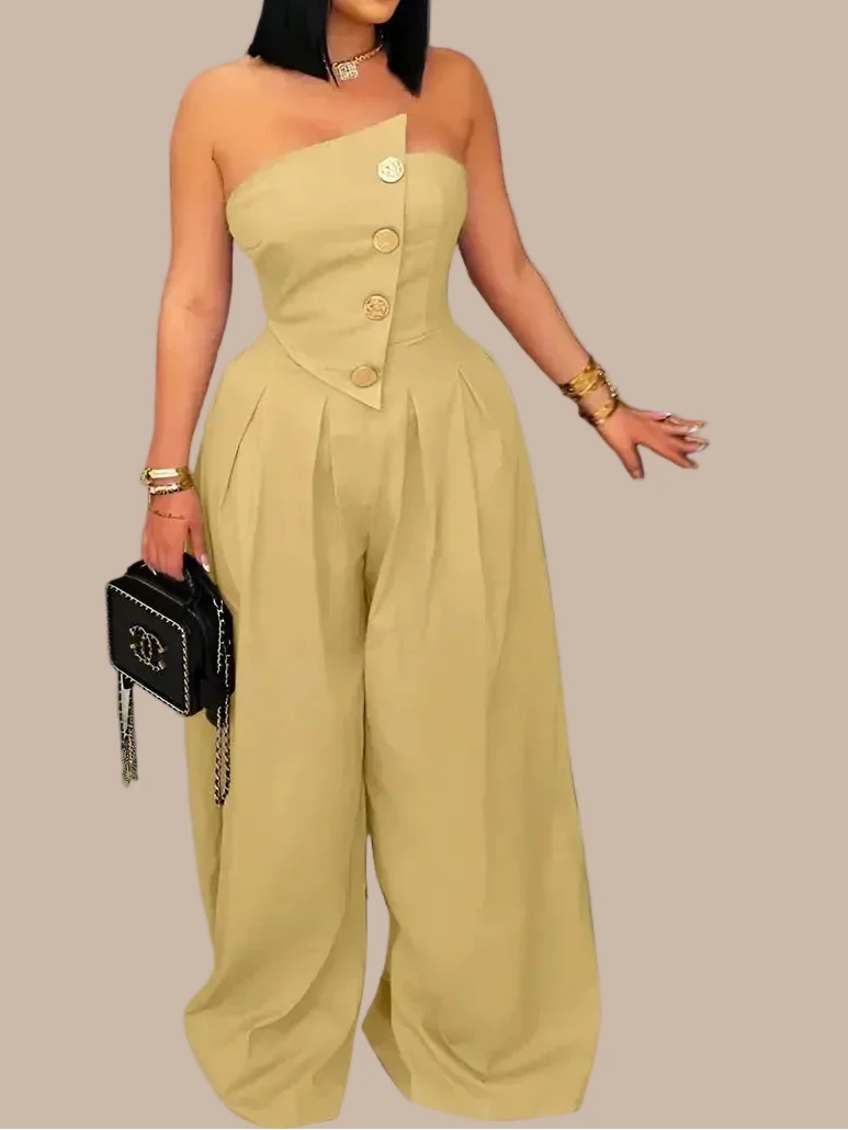 Button Detail Wide Leg Jumpsuit