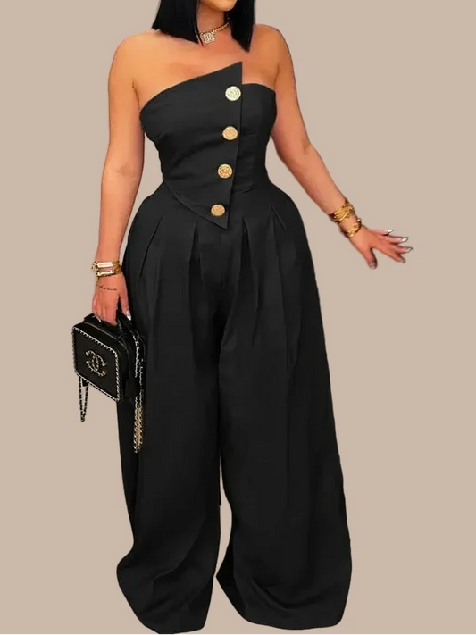 Button Detail Wide Leg Jumpsuit
