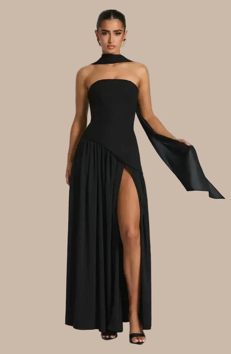 Sleek Solid Tube Top Maxi Dress with High Slit