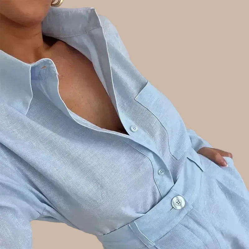 Cotton Linen Shirt & High-Waist Shorts Set
