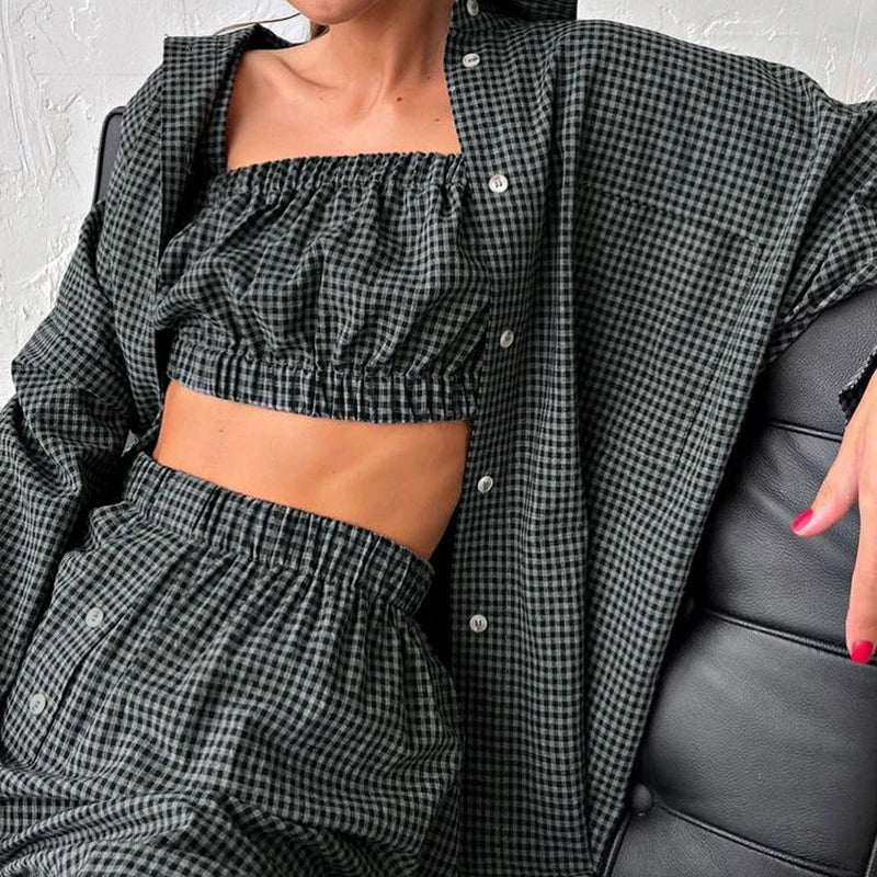 3-Piece Gray Plaid Cotton Lounge Set Loose Summer Outfit