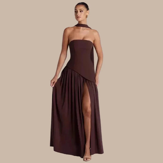 Sleek Solid Tube Top Maxi Dress with High Slit