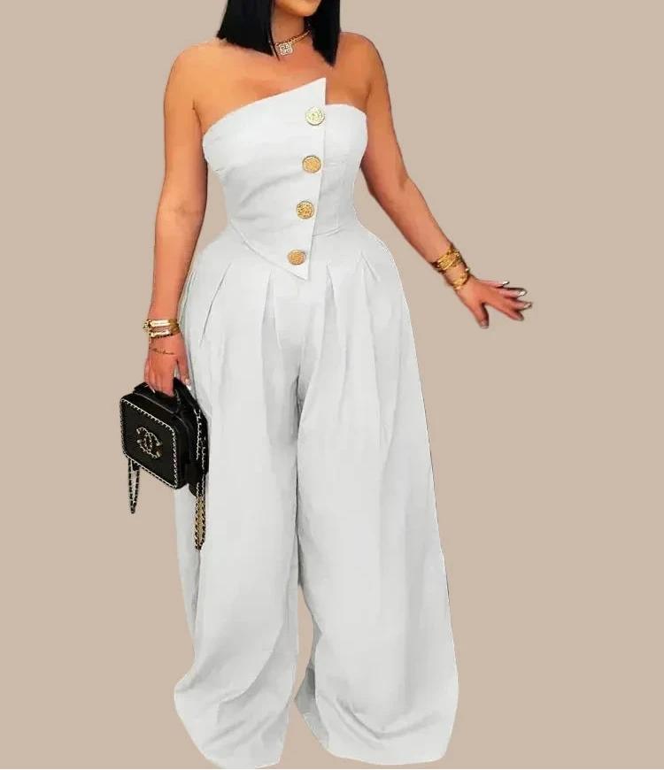 Button Detail Wide Leg Jumpsuit