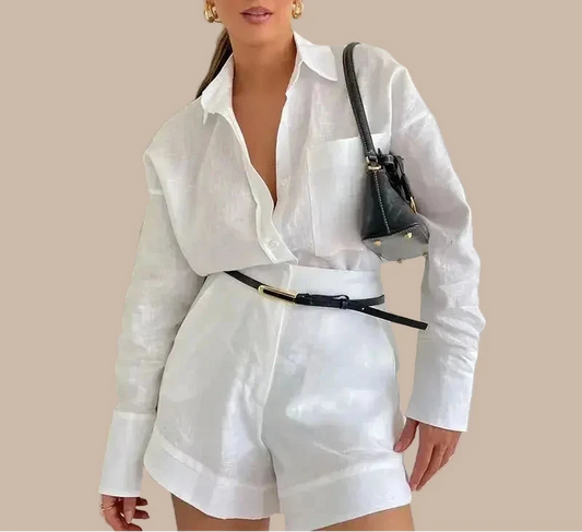 Cotton Linen Shirt & High-Waist Shorts Set