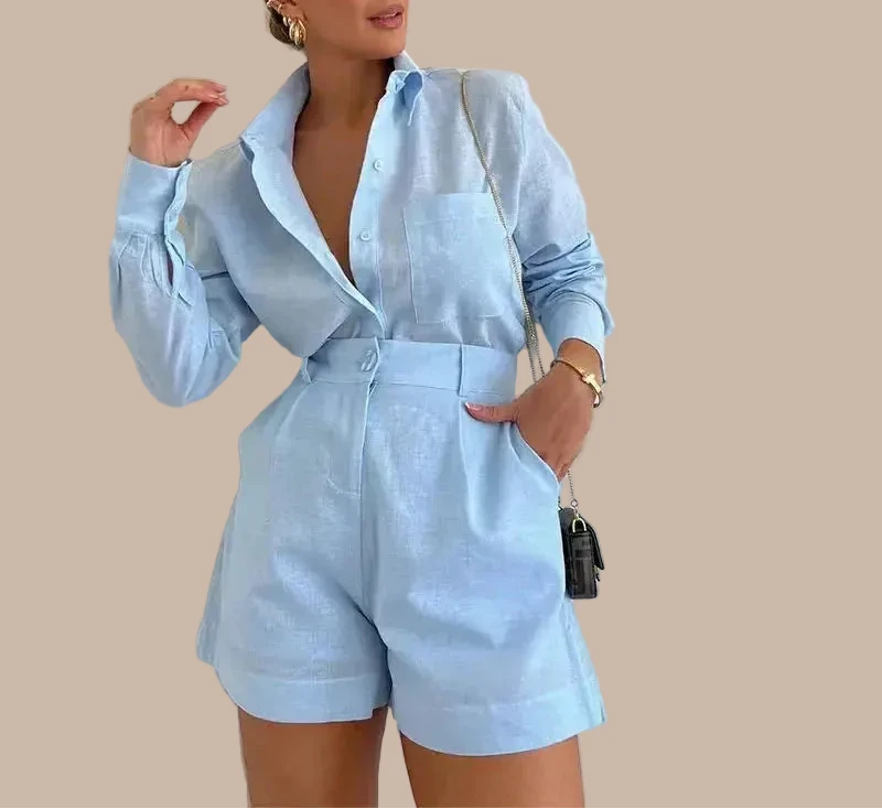 Cotton Linen Shirt & High-Waist Shorts Set