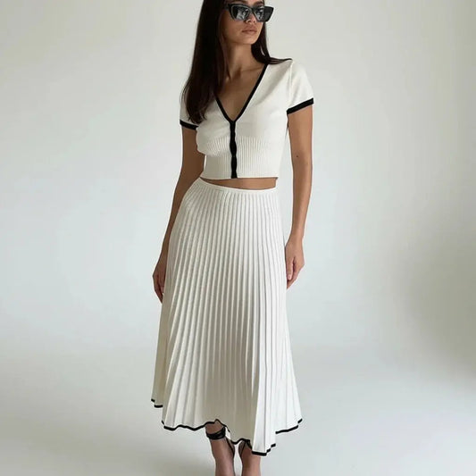 Elegant White Crop Top & Pleated Skirt Set