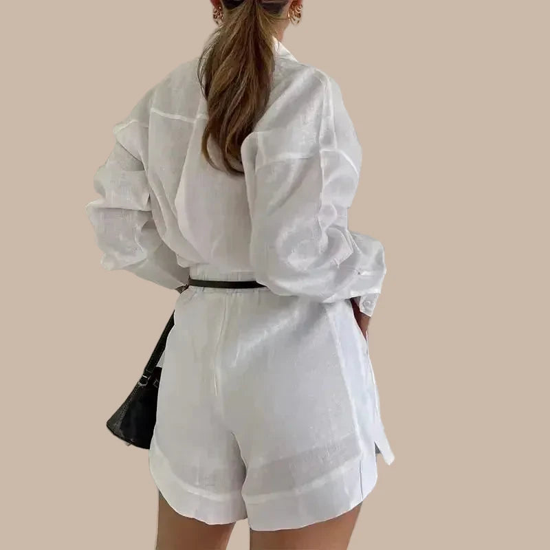 Cotton Linen Shirt & High-Waist Shorts Set